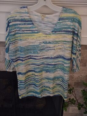 Reba Women's Blue Multi-Striped V-Neck Top with Sparkle